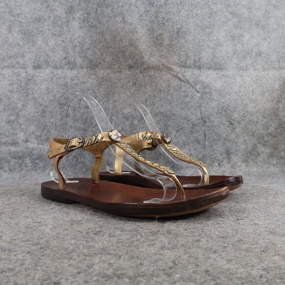 Calleen Cordero Shoes Womens 7 Sandals Leather Studded T Strap Gold Fashion Flat - Picture 1 of 16